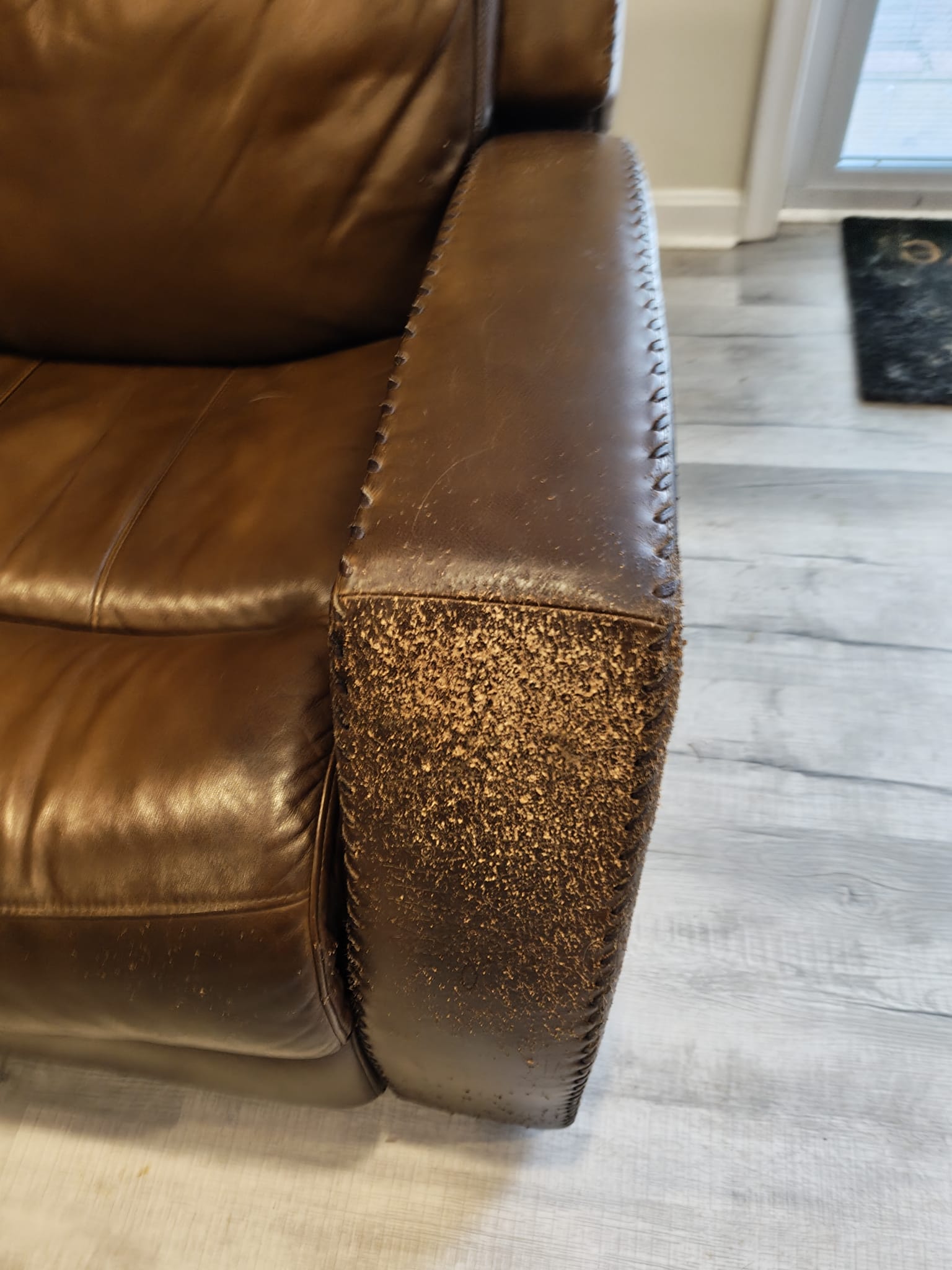 Damaged leather couch before restoration (right side)