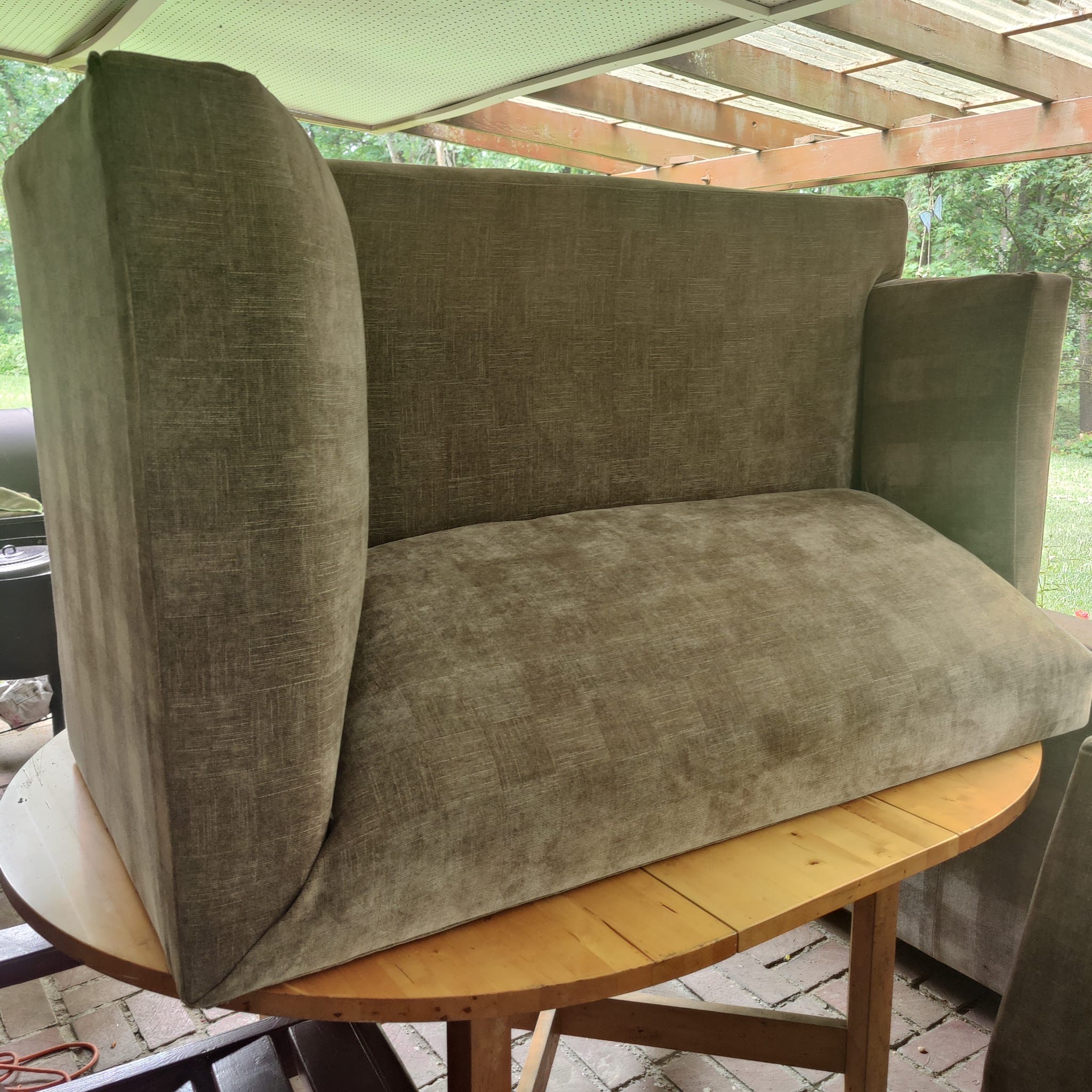 Restored fabric couch after service
